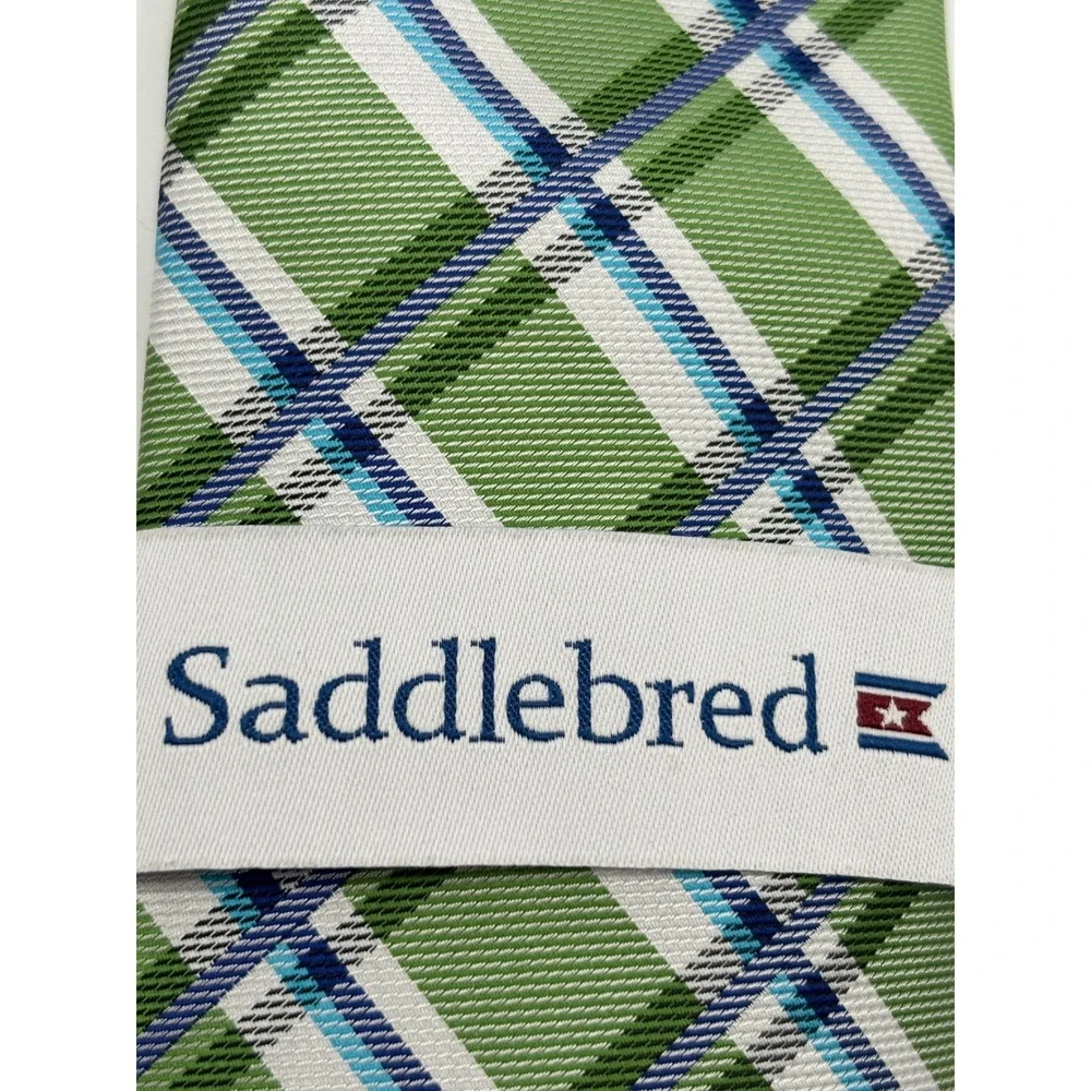 Saddlebred Men's Silk Tie Green Blue White Plaid Handcrafted NWT $45 Retail